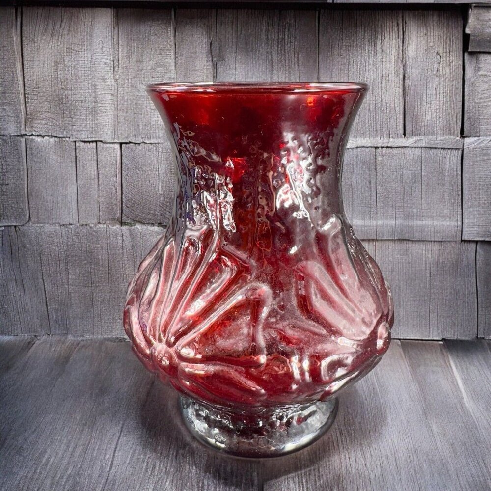 Anchor Hocking Rainflower Glass Vase Royal Ruby Red Daisy Rain Flower Vintage
